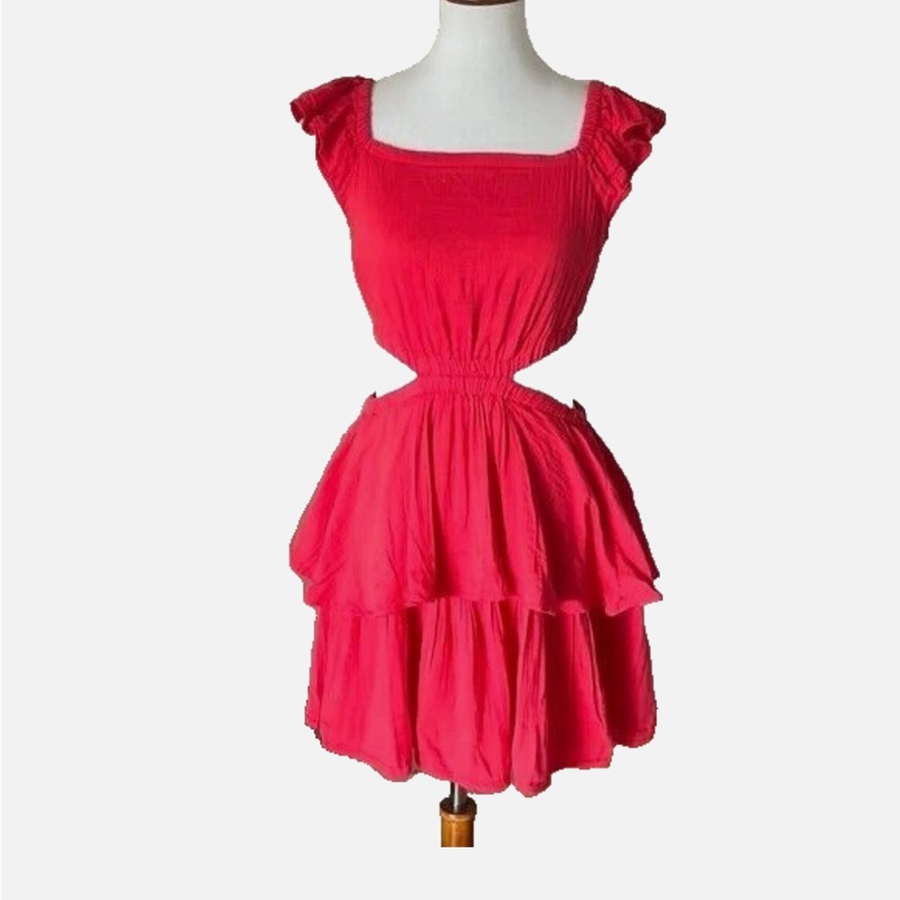 GAP Women's XS Red Side Cutout Tiered Ruffle Hem Summer Fit & Flare Mini Dress